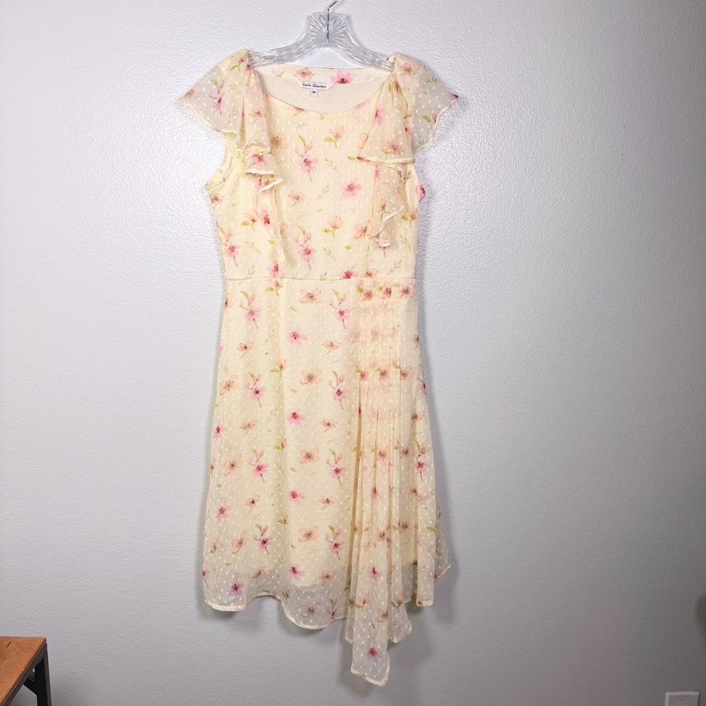 Latin Quarters Floral Ruffle Flutter Sleeve Asymmetrical Midi Dress Yellow Med